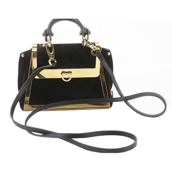 Salvatore Ferragamo Black Suede Leather Gold-tone Gancini 2Way Shoulder Bag