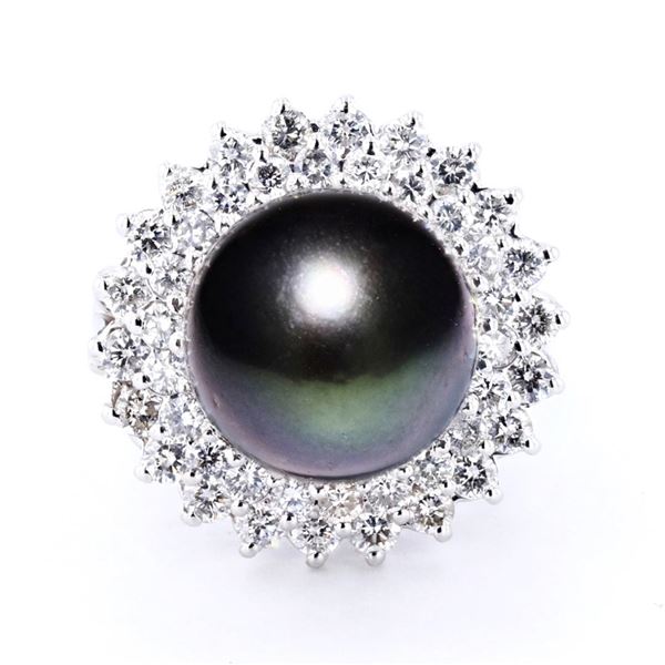 12.0mm Black Pearl and 1.35 ctw Diamond 14K White Gold Ring