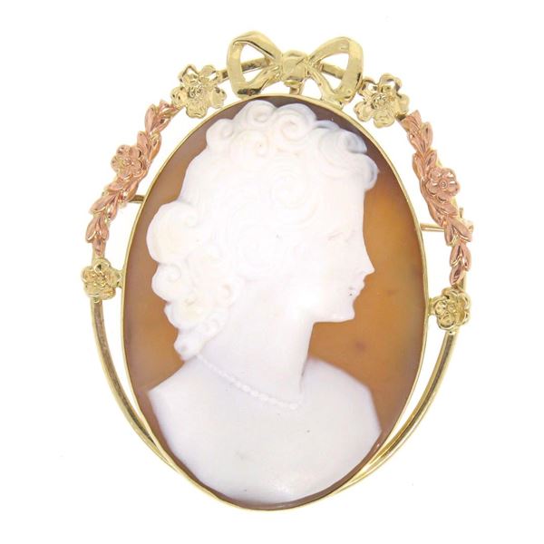 Vintage 10K Yellow & Rose Gold Portrait Cameo w/ Unique Bow & Floral Open Frame