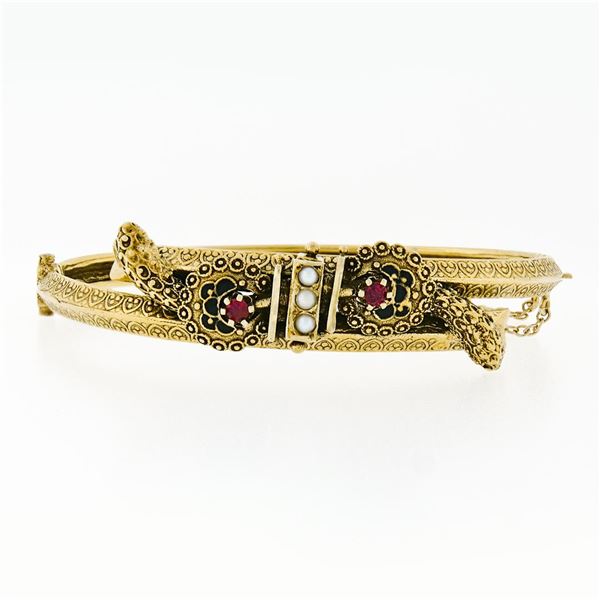 Victorian Revival 14k Gold Ruby Pearl Dual Snake Bypass Hinged Bangle Bracelet