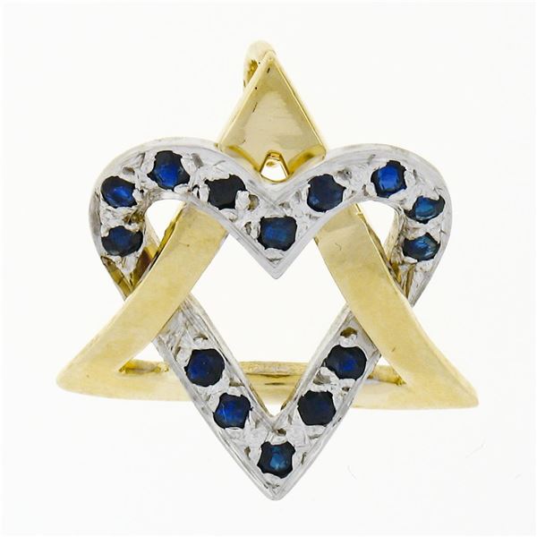 14k TT Gold 0.45 ctw Pave Sapphire Interlocked Heart Star of David Slide Pendant