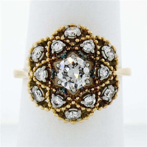 Antique 18K Gold 1.03 ctw European Transitional Diamond Cluster Beaded Dome Ring