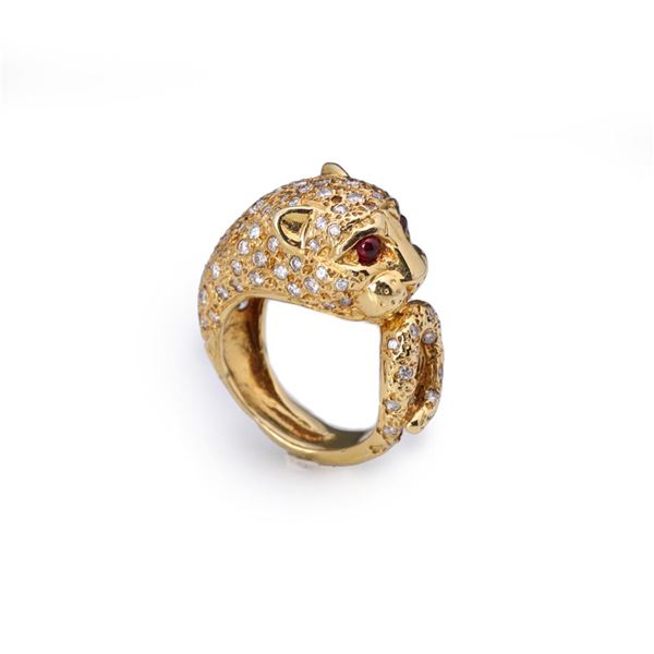 18K Yellow Gold Diamond & Ruby Panther Ring