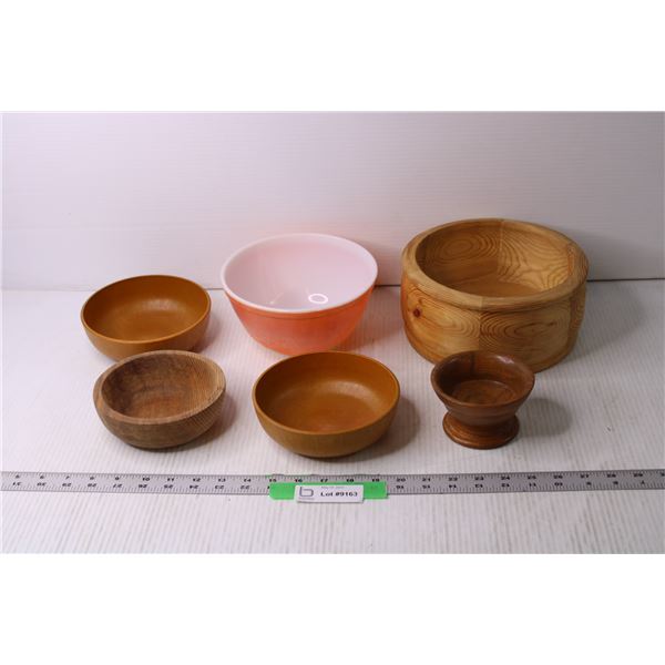 Lot of Wooden Bowls and Pyrex Dish