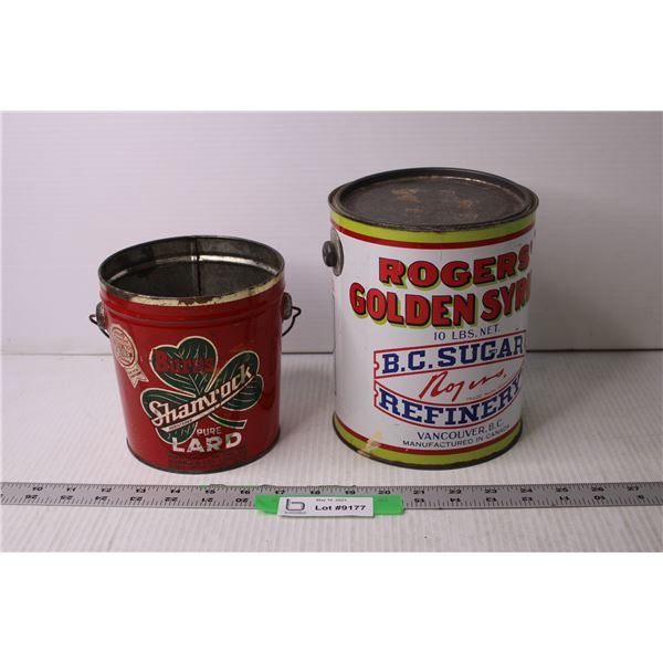 (2) Tin Cans - Rogers Golden Syrup, Shamrock Pure Lard