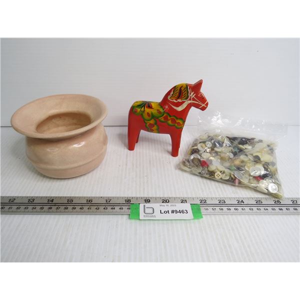 Small Wooden Horse - Clay Spittoon  - Bag of Vintage Buttons