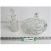 Image 1 : Cut Glass Candy Dish w/Lid - Glass Vinegar Bottle w/ Matching Stopper