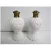 Image 2 : Vintage Milk Glass Salt & Pepper Shakers w/Brass Lids