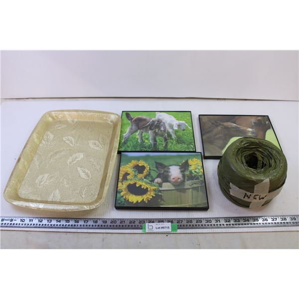 (3) Pictures of Horses,Goats,Pig + Serving Tray+ Paper Twine