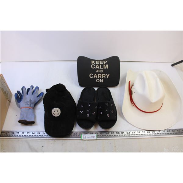 Cowboy Hat+Slippers Ladies size 7.5/8+Cotten hat+Construction Gloves+ Head Rest