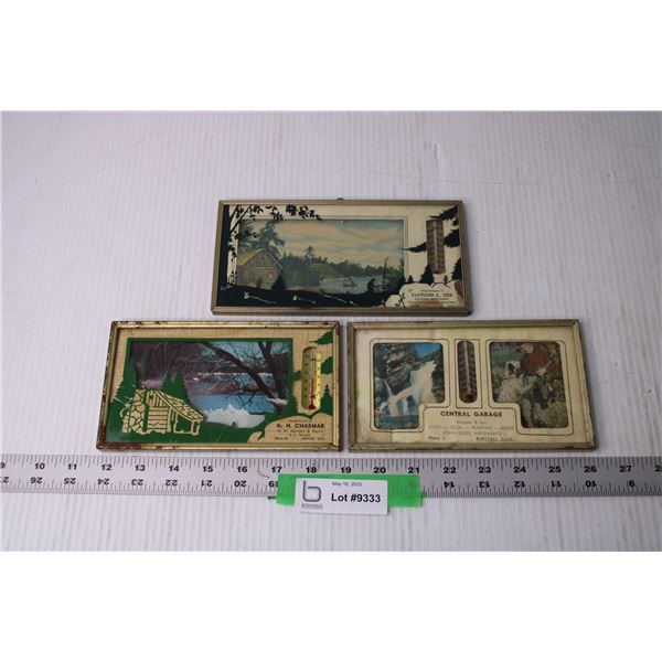 (3) Vintage Framed Advertizing Thermometers (Mervin, Hanley, and Burstall Sask)