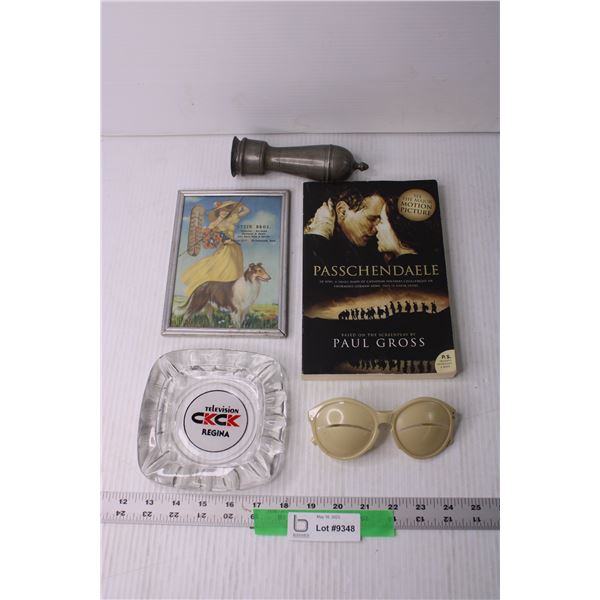 Lot of Misc Items - Book, Ash Tray, Stein Bros. Advertising Thermometer Richmound Sask