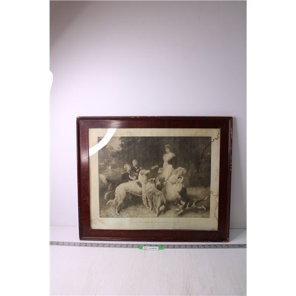 Vintage Framed Print of Queen Alexandria and Her Grandchildren and Dogs - 21 1/2  x 26  (Glass is Co