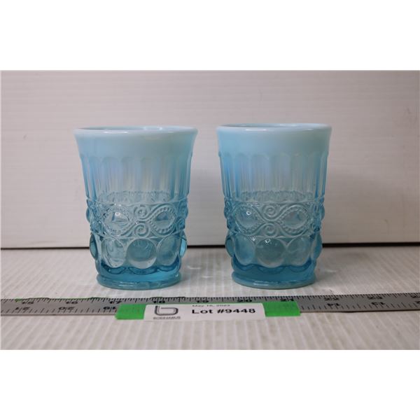 (2) Mosser Glass Aqua Blue Opalescent Glass Cups