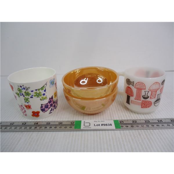 (2) Fire King Bowls and (2) Coffee Mugs- (1) is Glasbake