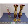 Image 1 : (2) Ruby Red Glass Vases and (1) Lotus Glass Vase