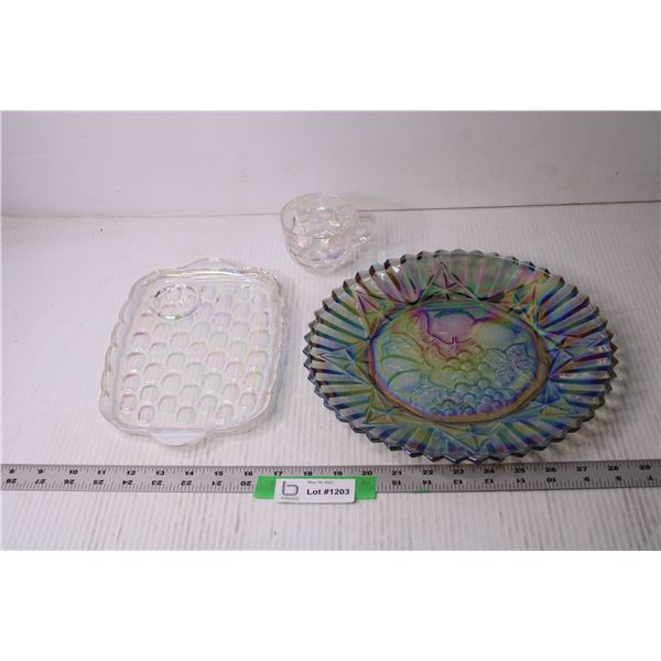 Lot of Iridescent Glass Items - Trays and Mug