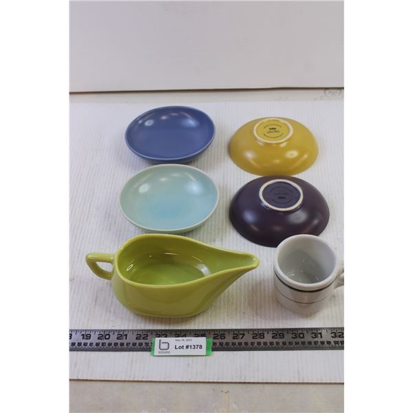 White Cups with Green Stripes + Gravy Boat + (4) Indigo Bowls