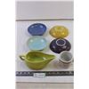 Image 1 : White Cups with Green Stripes + Gravy Boat + (4) Indigo Bowls