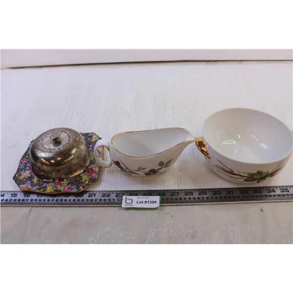 Royal Worcester Porcelain Gravy Bowl + Royal Worcester Bowl + Royal Winton Plate and cover