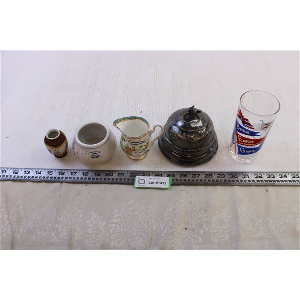 Royal Albert Creamer + Scotland Buchan Stoneware + Victorian Eagle Silver Plate Co Domed Lid + Misc.