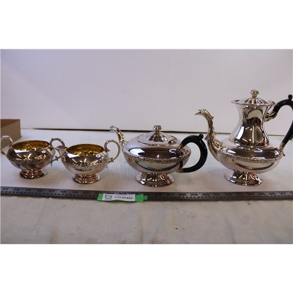 Coronel Plate E.P Copper Tea and Coffee Set w/ Tea Pot, Coffee Pot, and Cream and Sugar