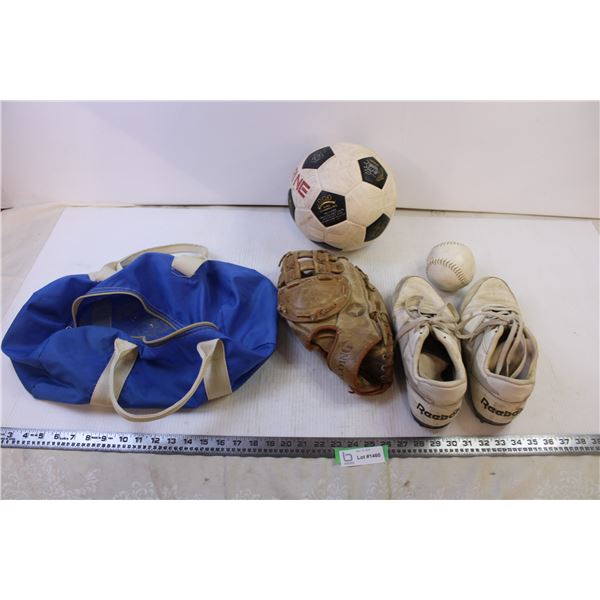 Bag with Baseball Glove + Softball + Soccer Ball +  Soccer Cleats Shoes Size 11