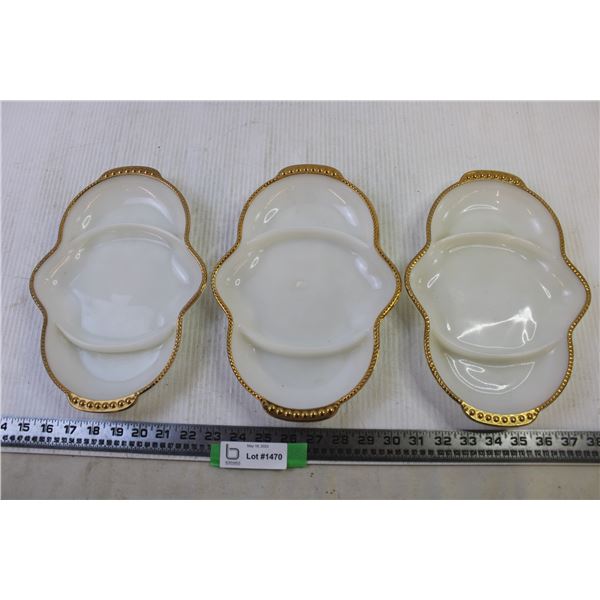 (3) Fire King Ware White Milk Glass Gold Trim Divided Serving Platter