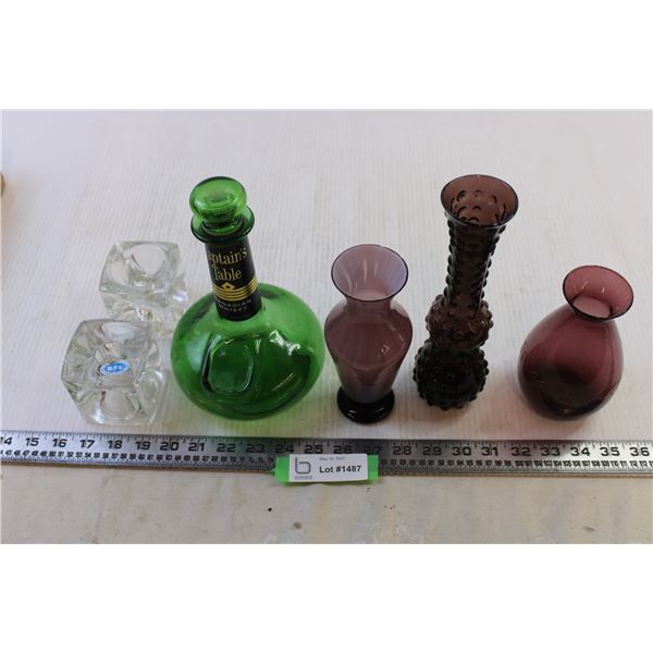 Variety of Vases + (2) Candle holders + Captains Table Whiskey Bottle