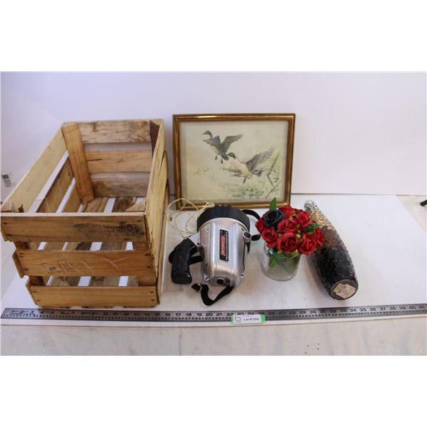 Crate with Rechargeable Light + Vase + Jar with Flowers + Pictures of Birds