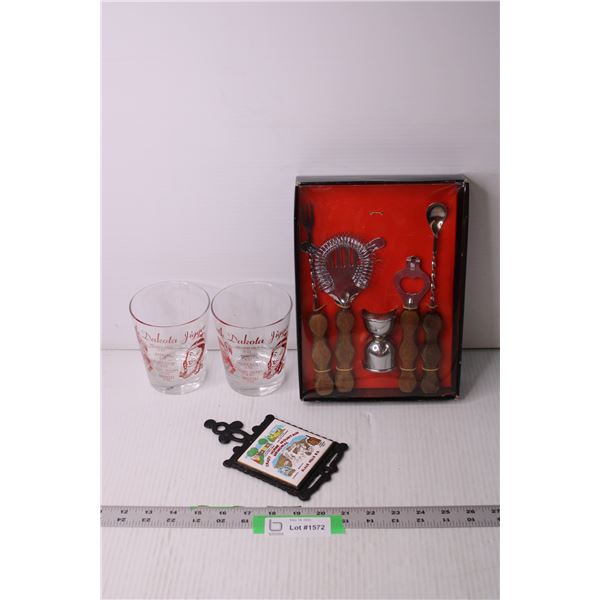 Vintage Bar Set, Oversized Shot Glasses and Crazy Horse Trivet0o