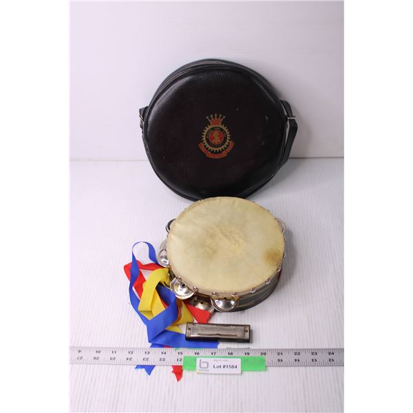 Salvation Army Tambourine in Case and Harmonica