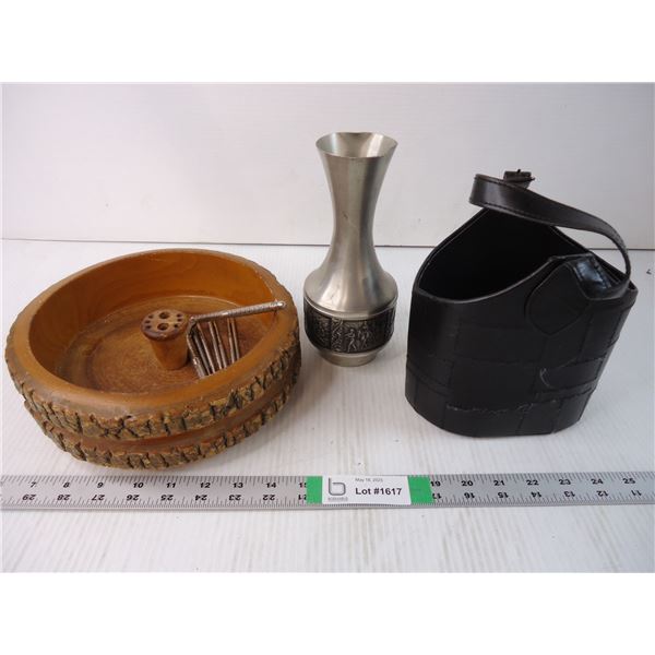 Nut Bowl&Nutcracker Tools, Leather Wine Bottle Caddy and Pewter Vase