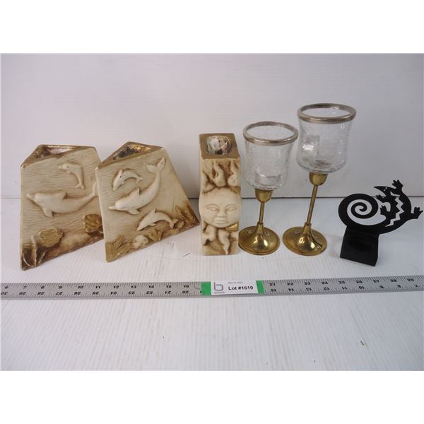 Set of (2) Brass/Glass Candle Holders,(3) Ceramic Candle Holders,(1) Party Lite Holder