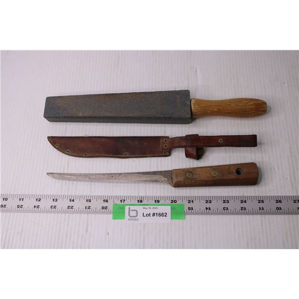 Stone Knife Sharpener and 8  Knife and Sheath