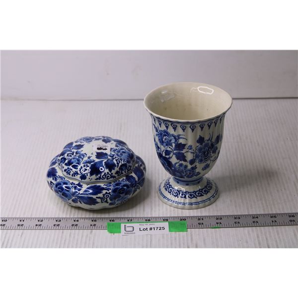 (2) Vintage Delft Vase and Trinket Dish