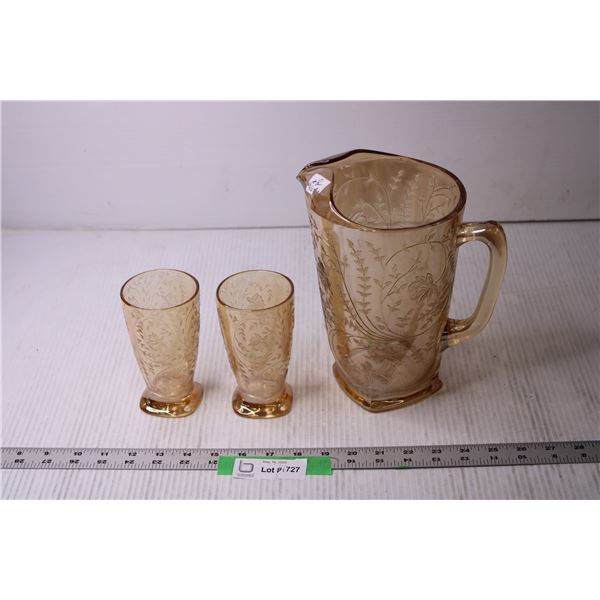 Depression Glass Pitcher and Two Cups - Floragold