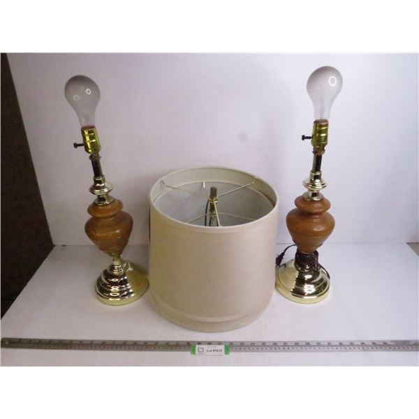 Pair of Wooden & Brass Lamps w/Shades