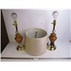 Image 1 : Pair of Wooden & Brass Lamps w/Shades
