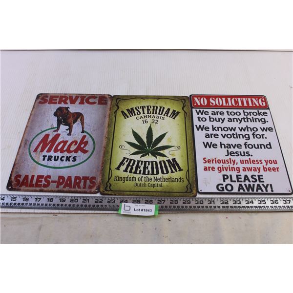 (3) Tin Man Cave Signs (Mack, THC, No Soliciting)