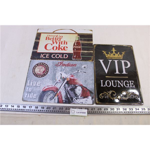 (3) Tin Man Cave Signs (Coke, Indian Motorcycles, VIP)