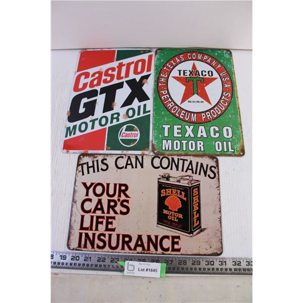 (3) Tin Man Cave Signs (Castrol, Texaco, Shell)