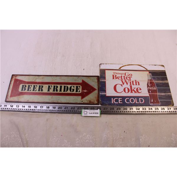 Metal Sign Beer Fridge + Metal Coke Cola Sign