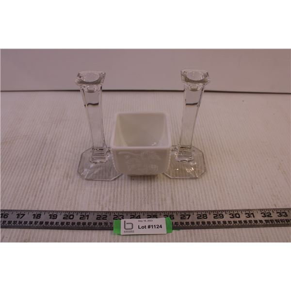 Vintage White Milk Glass Planter Vase + (2) Glass Candle Holders