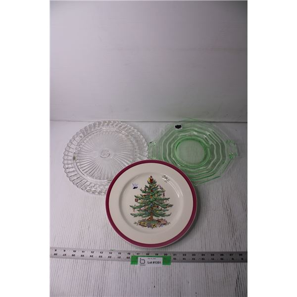 Uranium Glass Tray, Christmas Plate and Misc. Tray