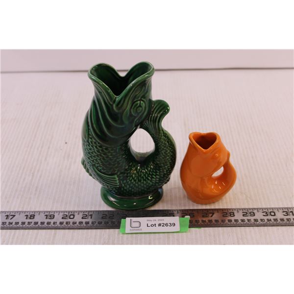 Vintage Green Gurgling Fish Vase Pitcher+ Vintage Orange Gurgling Fish Vase