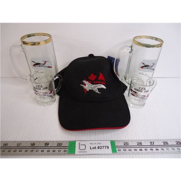 CF-18 Demo Ballcap with (2) Vintage Gold Rimmed Snowbird Glass Mugs and (2) Glass Mini Mugs