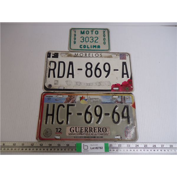 (3) Mexico License Plates-Guerrero, Morelos, 1990-2000 Motorcycle Plate-Colima