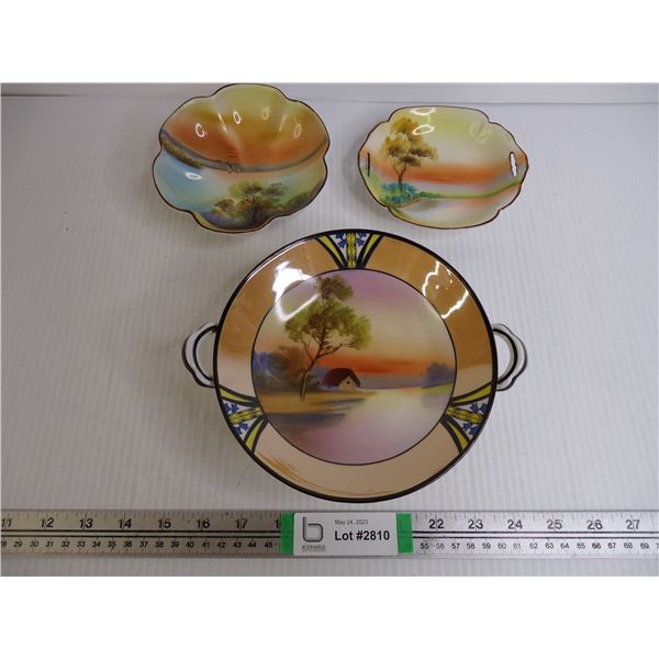 (3) Piece-Noritake Footed Bowl plus Nippon Handled Candy Dish plus Noritake Bowl with Handles(Irides