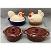 Image 1 : (2) Smaller Pottery/Ceramic Hen on Nest & (2) Mini Pottery Cooking Casseroles